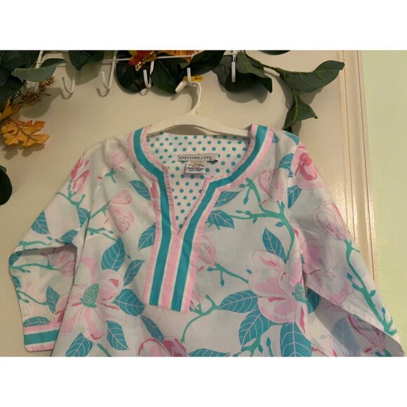 Gretchen Scott Women’s SZ M Tunic Top Pink Green Floral V Neck 3/4 Sleeve Cotton - Picture 8 of 12